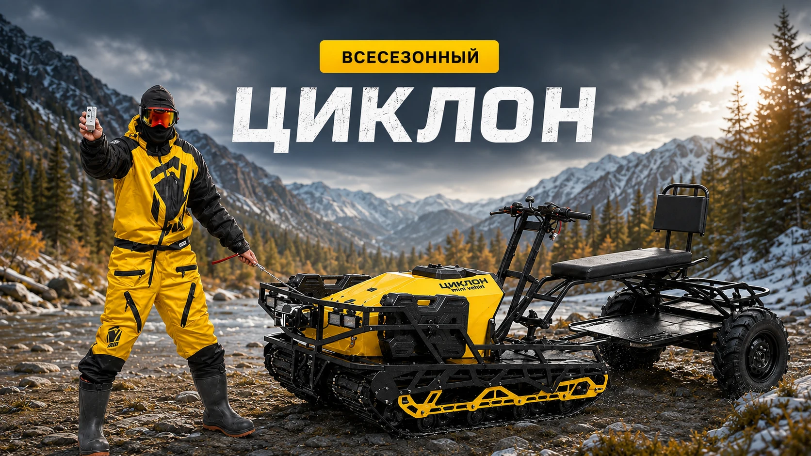 Всесезонный Циклон с прицепом: готовая иллюстрация со снегом и землёй