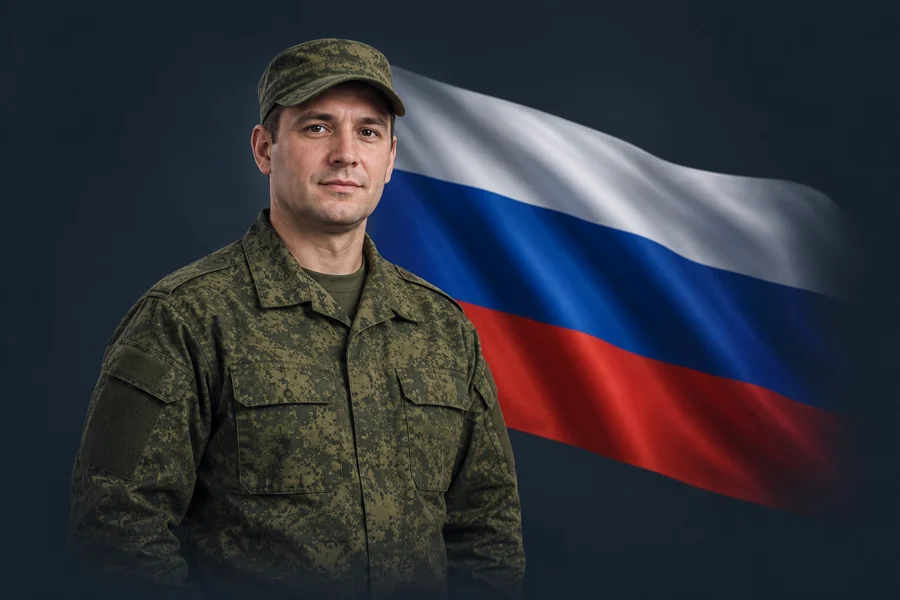 Иллюстрация военнослужащего на фоне российского флага