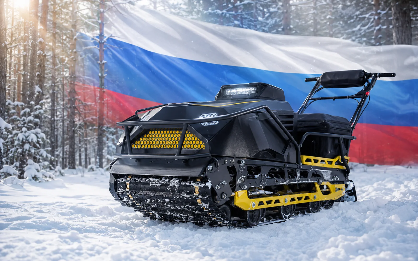 Мотобуксировщик VITAR Навигатор на фоне российского флага